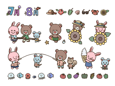 夏のおたよりに使えるセット(太線版) ７月,８月,文字,ロゴ,夏,アサガオ,風鈴,金魚,飾り線,麦わら帽子のイラスト素材