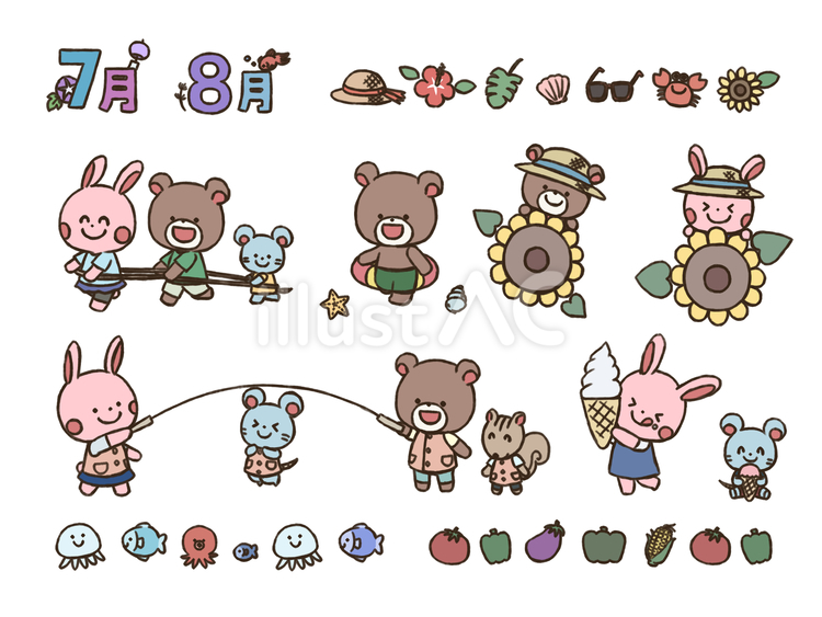 夏のおたよりに使えるセット(太線版) ７月,８月,文字のイラスト素材