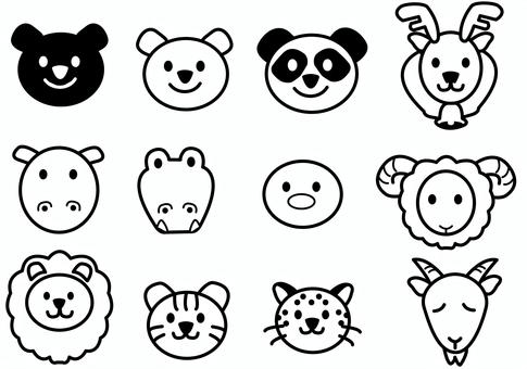 シンプルかわいい動物顔アイコン２-白黒 動物,くま,シロクマ,パンダ,トナカイ,カバ,ワニ,ペンギン,羊,ライオンのイラスト素材