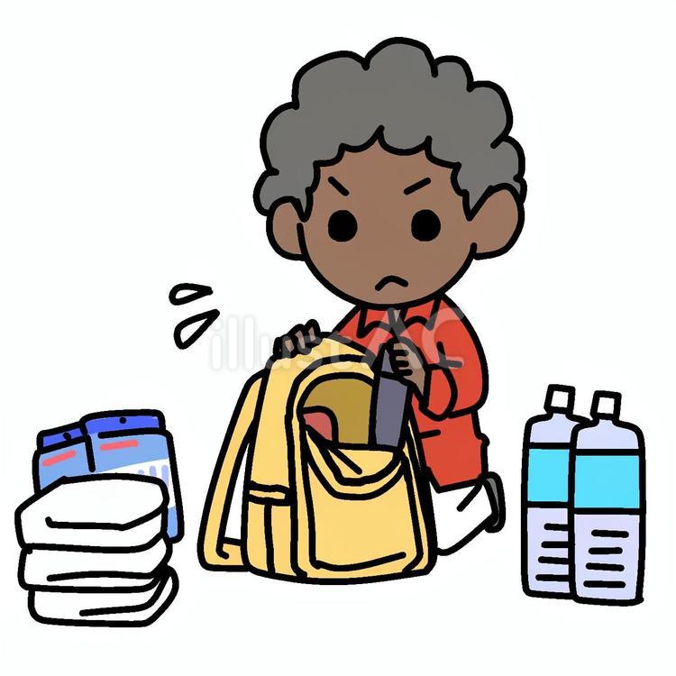 頑張って備えるアフロ男性 備える,頑張る,備蓄のイラスト素材