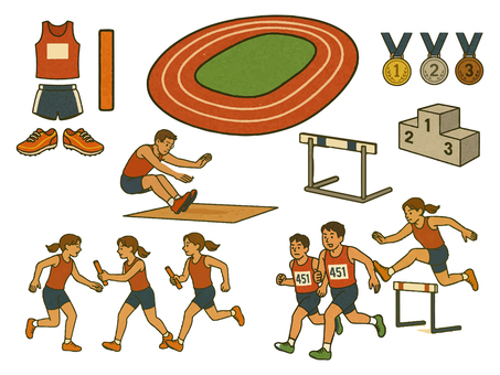 陸上イラストセット 陸上,陸上競技,走る,飛ぶ,トラック,マラソン,走り幅跳び,ハードル,ハードル走,ユニフォームのイラスト素材