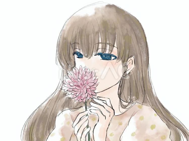 水彩風花と女性 花,女の人,人物のイラスト素材