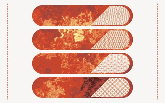 マーブル和柄の暖色系バナーセット マーブル,バナー,デザイン,エレメント,流体,リキッド,和柄,青海波,毘沙門亀甲,麻の葉のイラスト素材