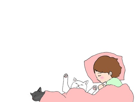 一緒に寝るネコフレーム 一緒に寝るネコフレーム ネコ,フレーム,人,白色,グレー,ピンク,睡眠,一緒,カワイイ,ペットのイラスト素材