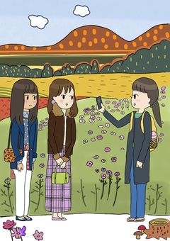 秋の旅行 コスモス畑で写真撮影する女性 秋の旅行 コスモス畑で写真撮影する女性 コスモス畑,秋,観光,旅行,女性,写真撮影,グループ,風景,友情のイラスト素材