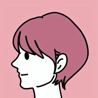 ピンクの髪 横顔,女性,ショート,色白,笑顔,ピンク,染髪,にっこり,20代,10代のイラスト素材