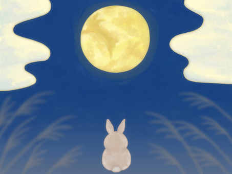 うさぎが月を見ているイラスト 月見,月,満月,ウサギ,兎,ススキ,背景,夜,9月,10月のイラスト素材