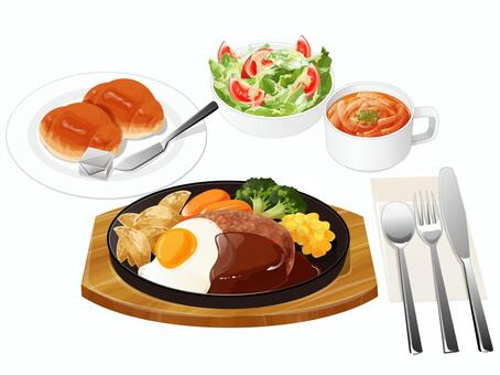 目玉焼きハンバーグセット2 ハンバーグセット,ファミレス,料理,食べ物,ハンバーグ,目玉焼き,オニオンスープ,サラダ,ロールパン,パンのイラスト素材