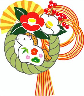 午のしめ縄飾り 干支,午,2026,上向き,にっこり,お正月,新年,椿,紅白,万両のイラスト素材