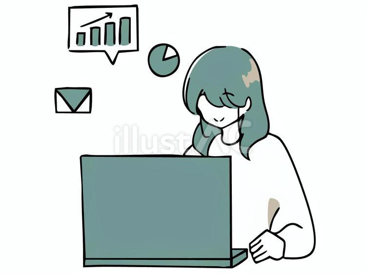 グラフ・メールを見ながら仕事をする女性 pc,ノートパソコン,グラフのイラスト素材
