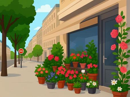 パリの街角　花で彩られたお洒落な店先 花屋,街角,パリ,フランス,ヨーロッパ,花,植物,店先,ショップ,建物のイラスト素材