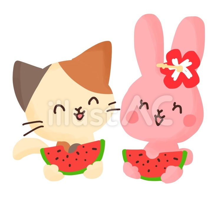 スイカを笑顔で食べる動物 スイカ,夏,夏祭りのイラスト素材