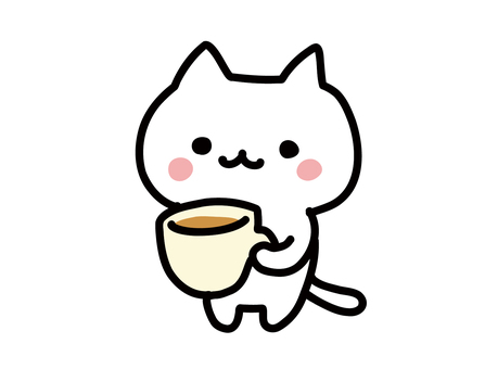 コーヒーとねこ 猫,白猫,可愛い,動物,挿絵,ゆるい,手描き,コーヒー,コーヒータイム,休憩のイラスト素材