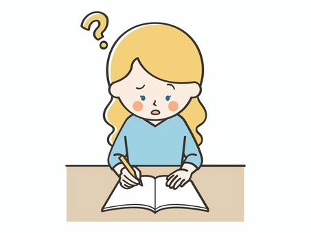 わからない問題がある白人女性 女性,外国人,留学生,勉強,困る,わからない,考える,悩む,宿題,学習のイラスト素材