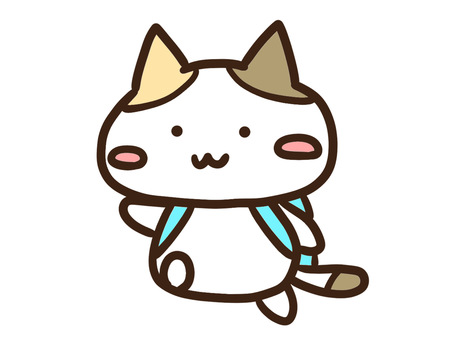 リュックを背負って遠足・登山に行く三毛猫 遠足,リュック,お出かけ,動物,ねこ,かわいい,手書き,ゆるい,シンプル,デフォルメのイラスト素材