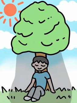 日陰　背景あり 日陰,夏,休憩,人物,木,影,草,空,太陽,シンプルのイラスト素材