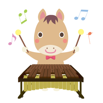 木琴マリンバを演奏する午年の馬 午,馬,マリンバ,午年,木琴,鍵盤,パーカッション,打楽器,音楽,楽器のイラスト素材