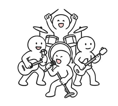 ライブをやるロックバンド　棒人間 バンド,ライブ,ドラム,楽器,ボーカル,ギター,ベース,棒人間,線画,キャラクターのイラスト素材