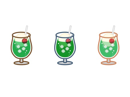 クリームソーダのフラットアイコンセット クリームソーダ,メロンソーダ,カフェ,さくらんぼ,アイスクリーム,ポップ,ナチュラル,キュート,シンプル,アイコンのイラスト素材