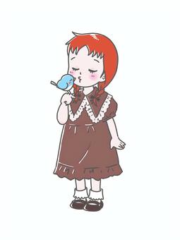 青い鳥と少女 2 青い鳥と少女 2 女の子,ことり,キス,ワンピース,赤毛,そばかす,三つ編みのイラスト素材