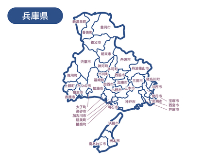兵庫県の地図の線画（市町村名つき） 地図,兵庫県,線画,淡路島,神戸市,尼崎市,西宮市,芦屋市,猪名川町,川西市のイラスト素材