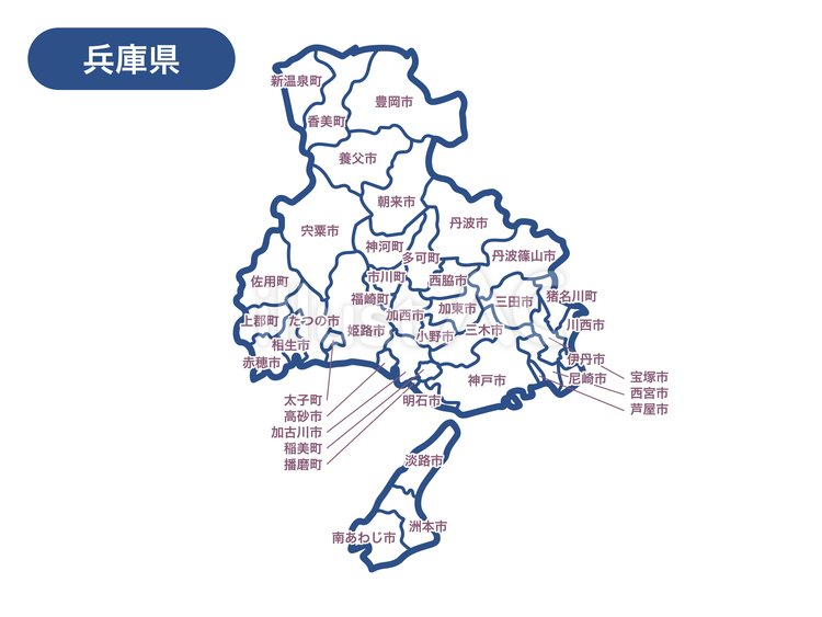 兵庫県の地図の線画（市町村名つき） 地図,兵庫県,線画のイラスト素材