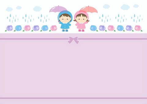 梅雨のあじさいと傘をさす子どもたち01 梅雨,あじさい,雨,傘,背景,フレーム,アジサイ,紫陽花,リボン,花のイラスト素材