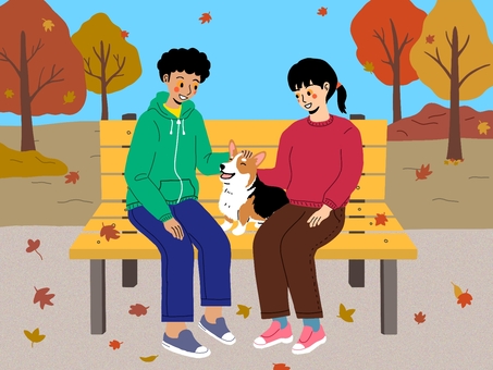 秋の公園で犬と遊ぶ兄妹 秋,公園,コーギー,兄妹,男の子,女の子,二人,ペット,ベンチ,落ち葉のイラスト素材