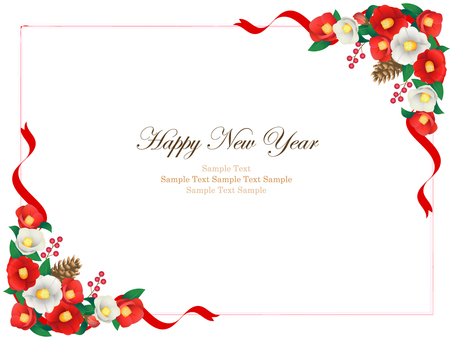 冬、椿の背景、フレーム10 椿,花,冬,寒椿,リボン,フレーム,背景,水彩,手描き,つばきのイラスト素材