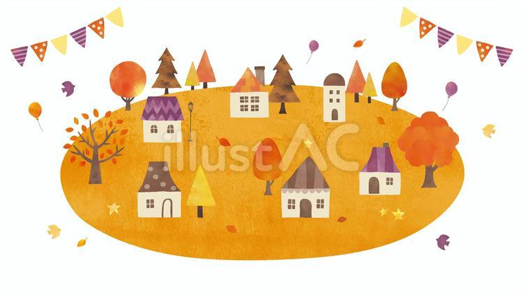 水彩の秋の家の丸い景色 冬,家,秋のイラスト素材