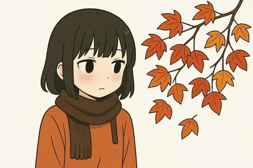 紅葉を見つめる黒髪おかっぱの女の子