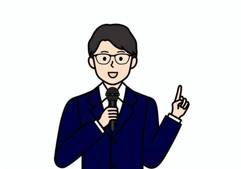 マイクを持って指差しポーズの会社員の男性 マイク,講師,先生,講義,講習,男性,スーツ,ネクタイ,ビジネス,メガネのイラスト素材