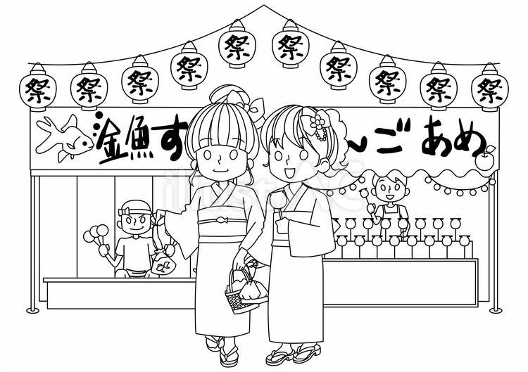 浴衣の女の子とお祭りの屋台　白黒線画 浴衣,祭,着物のイラスト素材