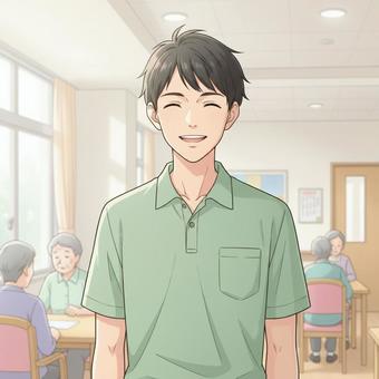アニメ風の介護職員の男性のイラスト素材