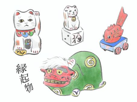 縁起物のイラストのセット 縁起物,招き猫,猫,獅子,獅子舞,年賀状,年賀状素材,筆,筆ペン,鯛のイラスト素材