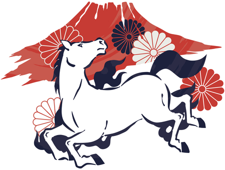 和風、躍動感のある馬と富士山と菊 馬,午年,駆ける,お正月,動物,生き物,干支,新年,手書き,走るのイラスト素材