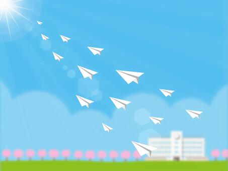 卒業・卒業式の背景 桜と学校と紙飛行機 卒業,春,卒業式,桜,紙飛行機,花びら,桜吹雪,新生活,学校,卒業イメージのイラスト素材