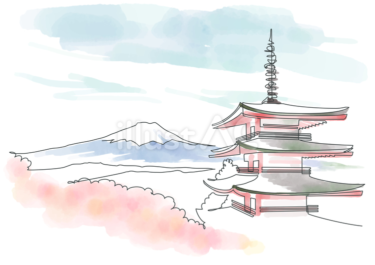 桜と富士山と五重塔 一筆書きと水彩 富士山,日本,五重塔のイラスト素材