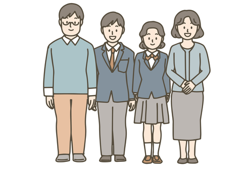 制服の子供と４人家族 家族,４人,夫婦,子供,制服,学生,高校生,中学生,親,団欒のイラスト素材