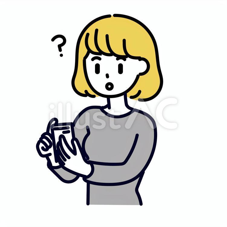 スマホを操作している時疑問を感じた女性 疑問,謎,はてなマークのイラスト素材
