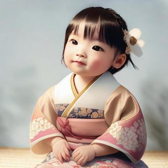 Illustration, kimono, tiny, girl, 