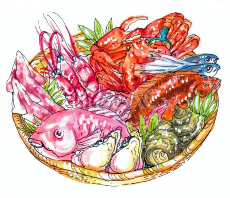 カゴいっぱいの魚介 カゴ,竹籠,タイのイラスト素材