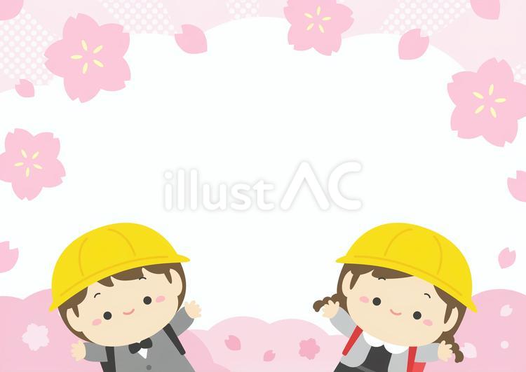 春の入学式の小学生と桜の花の背景04 桜,春,さくらのイラスト素材