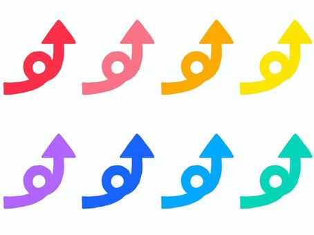 90度くるりん矢印リボン 手書き色違い 矢印,くるりん,カーブ,くるくる,リボン,しっぽ,赤,ピンク,オレンジ,黄色のイラスト素材