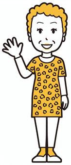  大阪のおばちゃん(黄)-173-全身 笑顔,おばちゃん,大阪,ヒョウ柄,おばはん,中年,女性,関西,派手,おばさんのイラスト素材