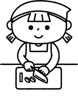 野菜を切る女の子モノクロ 子供,人物,料理,包丁,クッキング,調理,家庭科,調理実習,まな板,女の子のイラスト素材