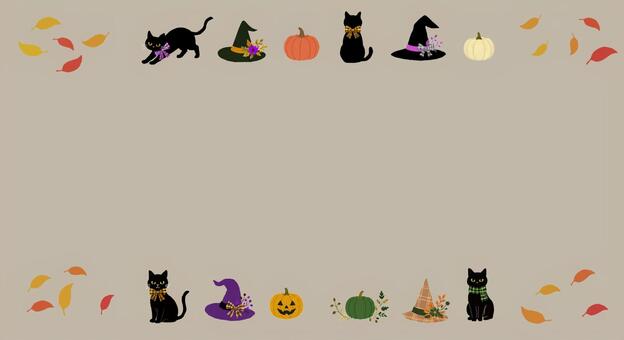 ハロウィンの黒猫とカボチャの秋色あしらい ハロウィン,猫,カボチャ,帽子,落ち葉,秋,オレンジ,紫,緑,イベントのイラスト素材
