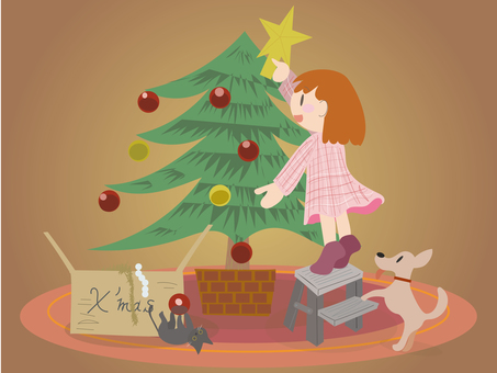 ツリーを飾る少女 ツリーを飾る少女 クリスマス,ツリー,女の子,犬,猫,オーナメント,星,脚立,イベント,かわいいのイラスト素材