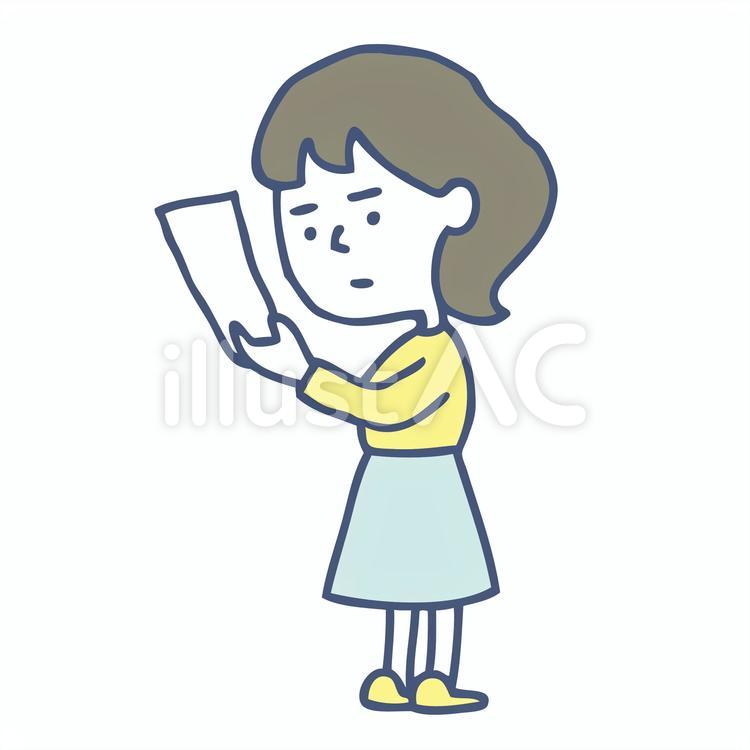 紙を見る女性/不満/疑問 女性,レシート,シンプルのイラスト素材