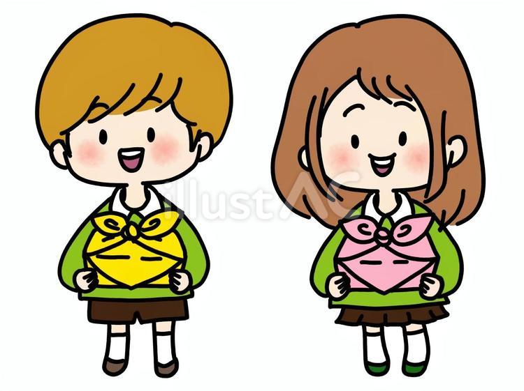 お弁当を持ってる男の子と女の子 男の子,女の子,お弁当のイラスト素材